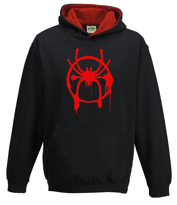 Kids Unisex Miles Morales Spiderman Black Pullover Hoodie With Red Inner Hood